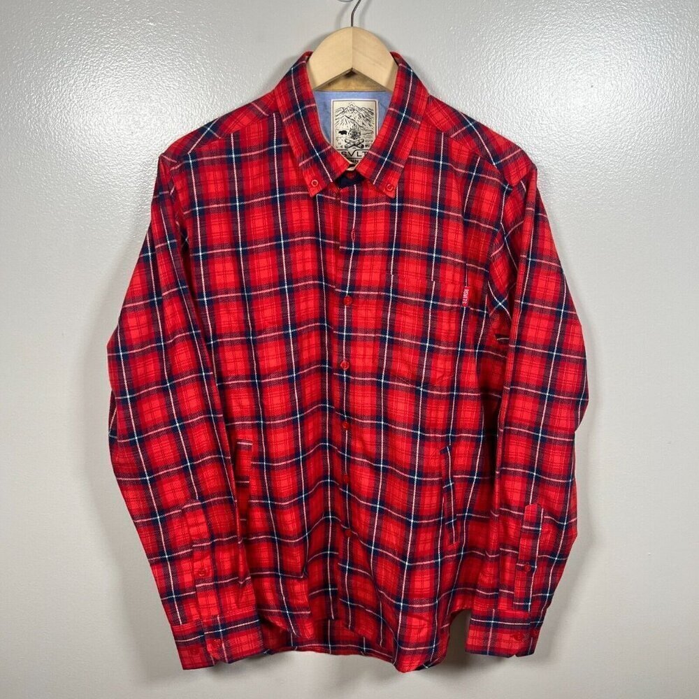 RSVLTS Flannel Shirt Shacket Mens Size Medium Red Plaid Pockets Button Up
